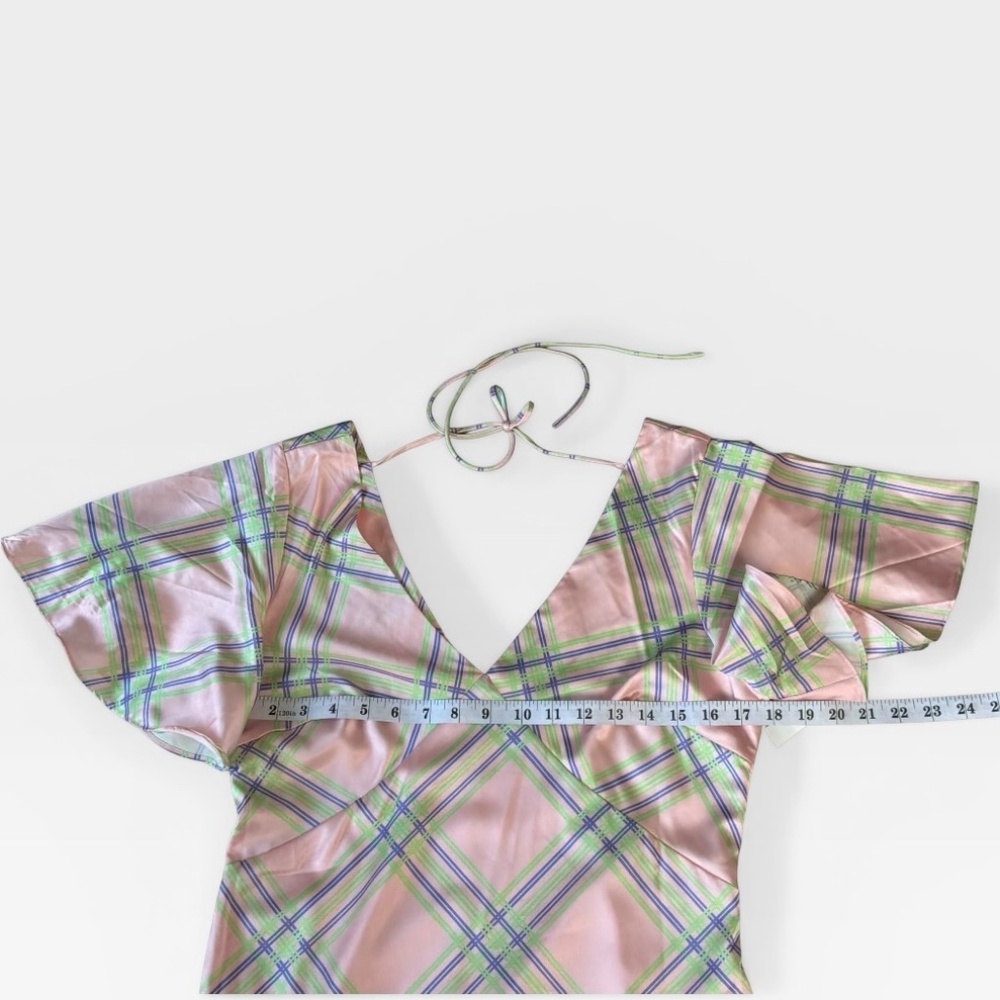 New Petal & Pup Dress Satin Pink Plaid Maxi Dress Size Medium - Picture 7 of 11
